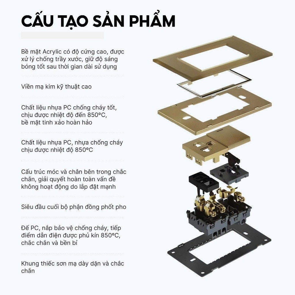 Mặt ổ cắm công tắc điện VinaHouse vỏ nhựa PC vàng sâm panh, bền đẹp, dễ lắp đặt, an toàn điện