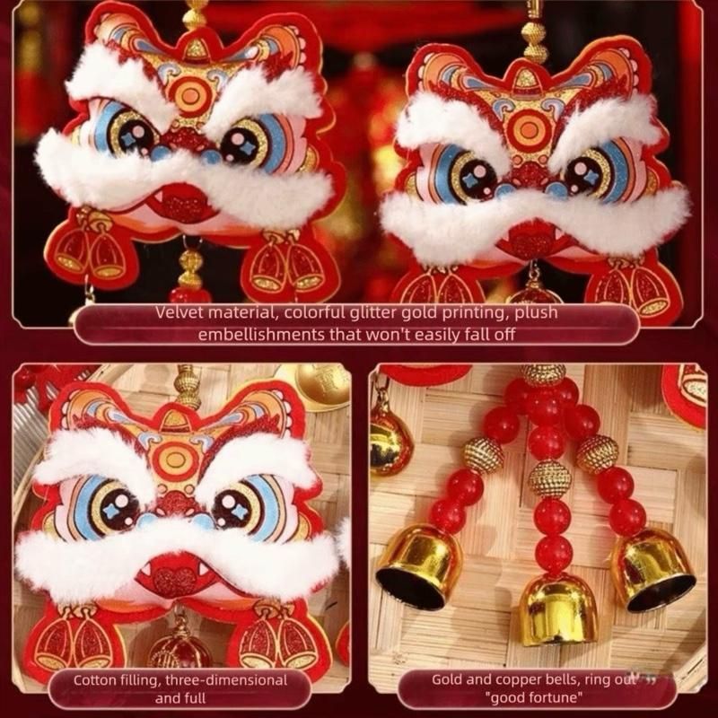 [Tết 2026] Liễn Khánh Hình Đầu Lân Lắc Chuông Ép Nhung Cao Cấp Treo Cửa, Trang Trí Xe Hơi Treo Tường Phủ Nhung Kim Tuyến