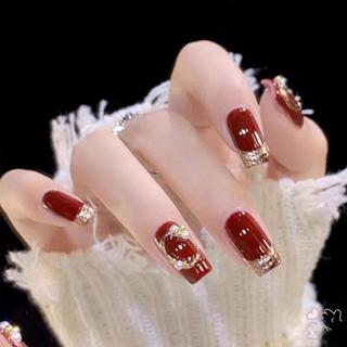 Rượu Vang Đỏ Bóng Giả Móng Tay Năm Mới Vuông Đầu Có Thể Tái Sử Dụng Móng Tay Nhân Tạo Cho Học Sinh Hàng Ngày Trang Trí Móng Tay