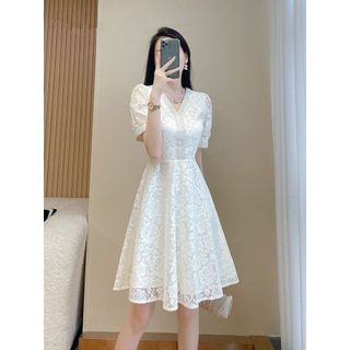 Váy Ren Liền Chữ A Khí Chất Quý Cô, Tôn Dáng, Gầy Chít Eo, Cổ Chữ V, Tay Ngắn , váy Cao Cấp ,Mẫu Mới Mùa Hè Cho Nữ