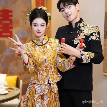 Công nghiệp nặng cao cấp2026Áo cưới rồng phượng vàng, áo cưới cô dâu, trang phục hoàng gia, váy cưới, váy Xiuhe, váy cướ