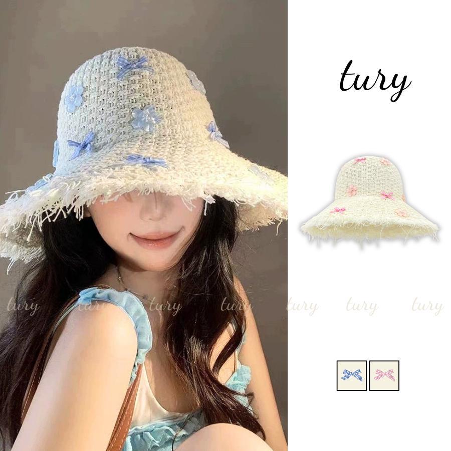 Nón Cói Nữ - Tury - Mũ Cói Form Mềm Sợi Cói Trắng Đính Nơ Và Hoa - NC062