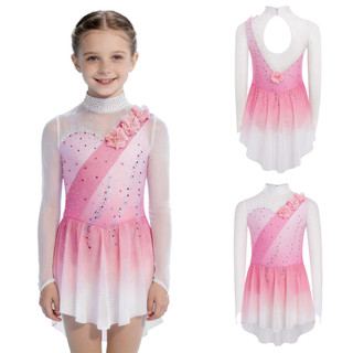 Yhong Trẻ Em Bé Gái Hình Trượt Băng Trình Diễn Trang Phục Mock Cổ Cutout Lưng Sheer Lưới Chắp Vá Tay Dài 3D Hoa Kim Cương Giả Màu Gradient Đầm Khiêu Vũ