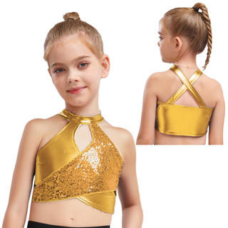 Yhong Trẻ Em Bé Gái Jazz Latin Phòng Bóng Khiêu Vũ Trang Phục Cross Keyhole Lấp Lánh Kim Loại Crop Top Dancewear