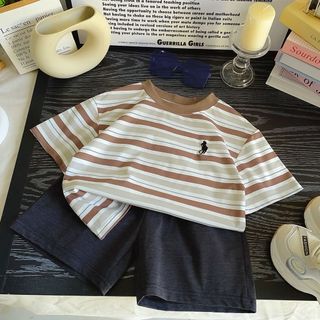 Set áo thun sọc + quần short bé trai – phong cách đơn giản Hàn Quốc, mỏng nhẹ thoáng mát, mặc hè
