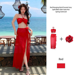 Áo tắm bikini cổ trễ màu đỏ dành cho nữ, kiểu váy bikini gợi cảm, xẻ tà, thích hợp cho mùa xuân nóng bỏng.