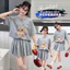 Bộ đồ thời trang bé gái Mùa hè Phong cách mới Trẻ em nơ Áo thun ngắn tay hoạt hình + Váy xếp li Bộ đồ hai mảnh