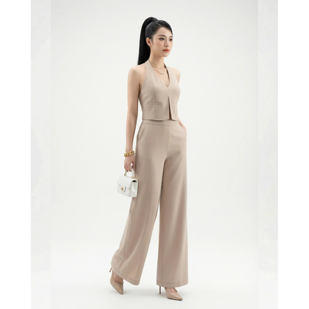 Set Áo Quần Áo Dạng Yếm SHI Nữ Cổ V Quần Ống Rộng Lưng Chun Màu Be