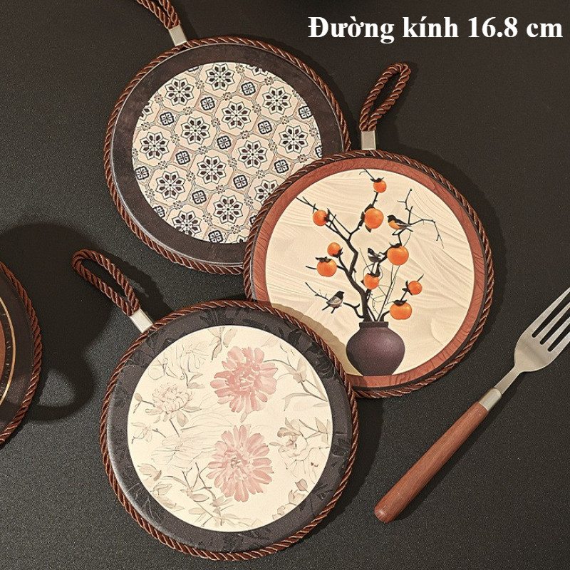 Lót Nồi Gốm Sứ Cách Nhiệt Cao Cấp, Đế Gỗ Chống Trượt, Chịu Nhiệt Tốt, Không Thấm Nước, Có Dây Treo, Trang Trí Bàn Ăn