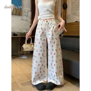 DADUlily | Quần Jean Ống Rộng Màu Trắng, Quần Dài Cắt Thẳng, Thiết Kế In Hình Gấu, Mỏng Nhẹ, Cạp Cao Cho Nữ
