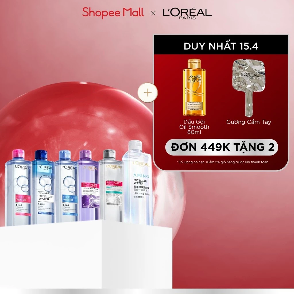 [AMINO MICELLAR MỚI] Nước tẩy trang làm sạch sâu, loại bỏ bụi bẩn & trang điểm 3-in-1 L'Oreal Paris
