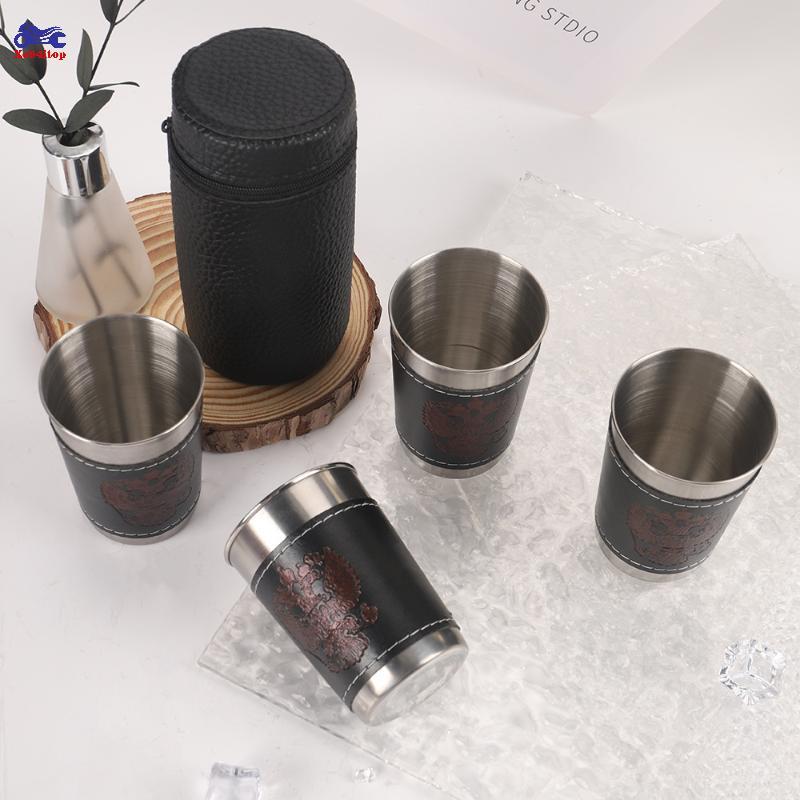 XOITOP 4 Cái / bộ Cốc Du Lịch Ngoài Trời Cốc Inox Có Da PU Di Động Cà Phê Rượu Bia Whisky Cốc Cắm Trại Bộ Đồ Ăn VN