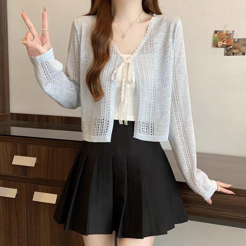 SUXI Mùa hè mới dành cho nữ màu trơn nhẹ nhàng đơn giản Áo dệt kim buộc dây đơn giản 260415