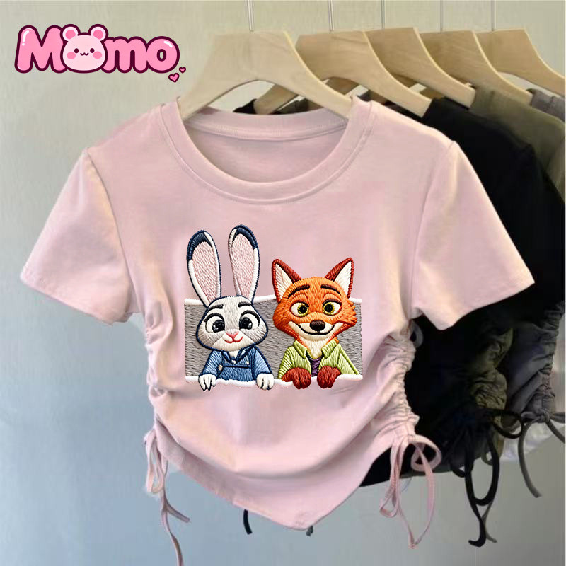 Zootopia hoạt hình giả thêu in họa tiết dây rút thiết kế giản dị cổ tròn ngắn tay