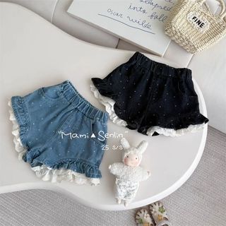 Quần short jean bé gái – Chấm bi xinh xắn, viền ren dễ thương, dáng rộng mặc hè
