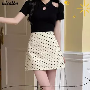 Váy nửa thân NICOLOO, XS / S / M / L / XL Váy quấn hông trắng đen, Váy ngắn chấm bi giảm béo eo cao tính khí dành cho nữ