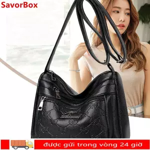 Túi đựng mẹ trung niên SAVORBOX, Túi đựng rau nhiều lớp bằng da PU, Túi đeo chéo màu đen dung tích lớn dành cho nữ
