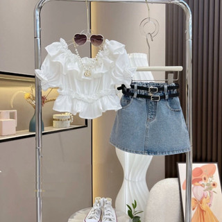 Bộ đồ bé gái Áo xù thời trang và váy Denim Bộ đồ hai mảnh, Thắt lưng miễn phí