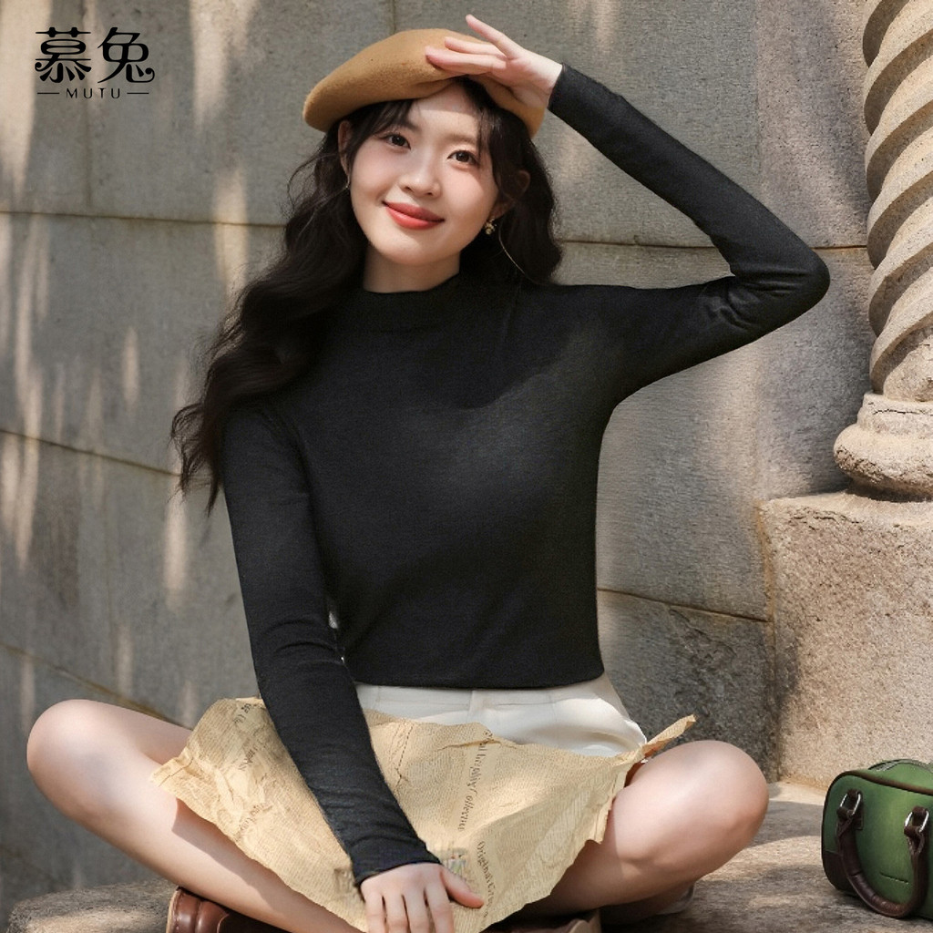 Mutu Áo sơ mi nữ mùa đông lông cừu-fleece, nửa cổ dệt kim, phong cách sang trọng