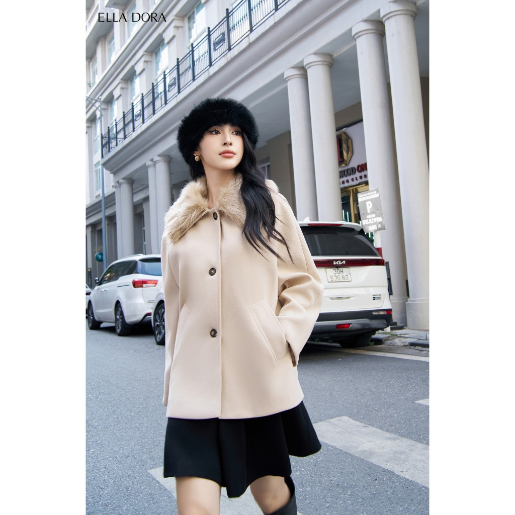 Áo khoác nữ ELLA DORA dạ cashmere thiết kế cổ lông tháo rời form A thanh lịch sang trọng [K09]