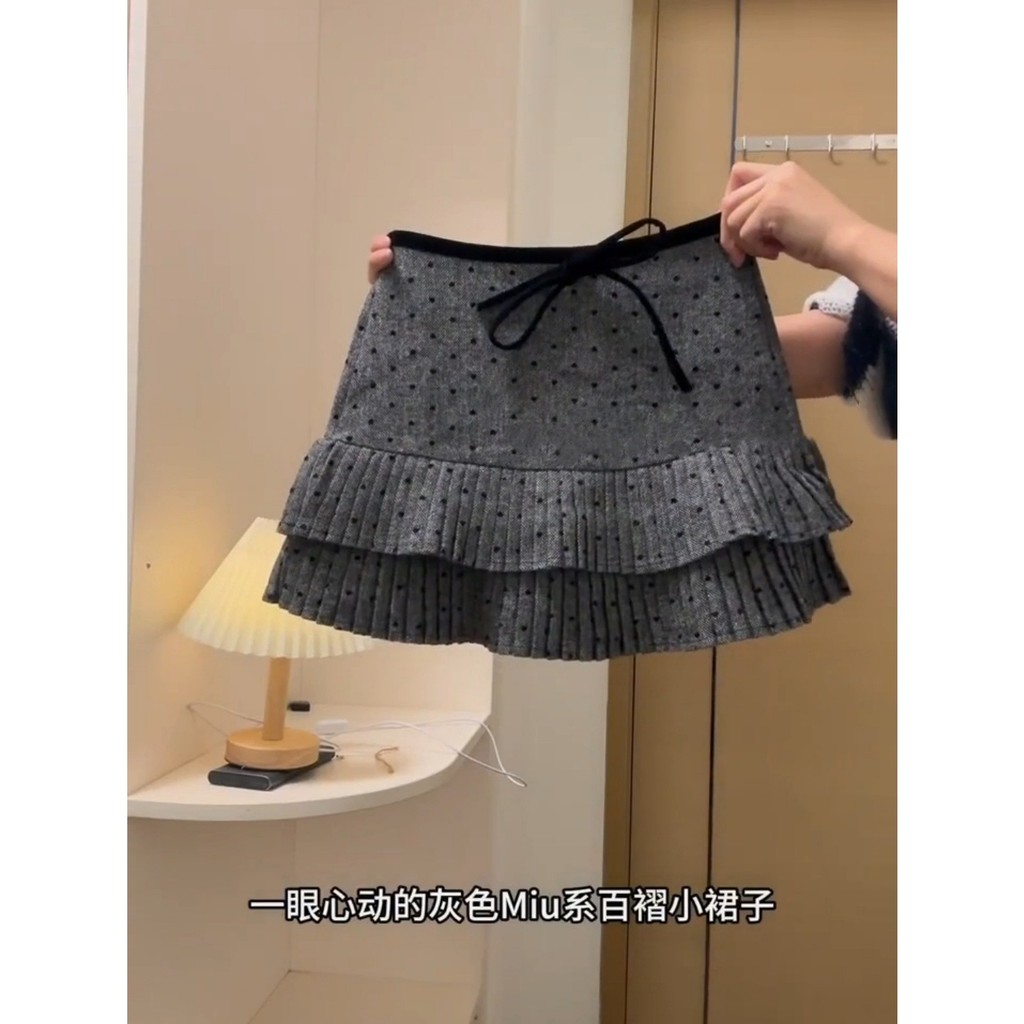 Váy chữ A kích thước lớn, phong cách thu đông mới, chất liệu len chấm bi, thiết kế eo cao mỏng nhẹ