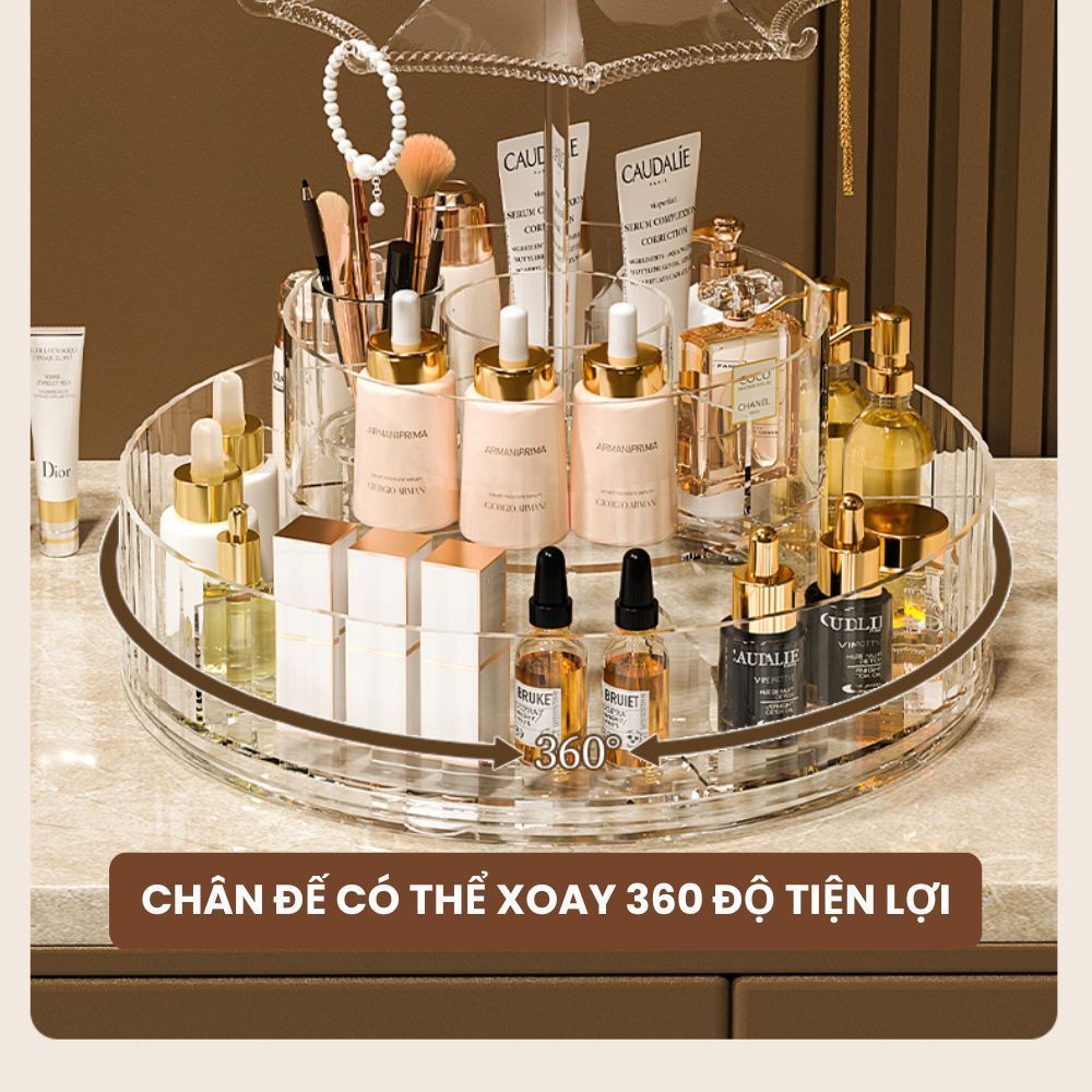 Kệ Đựng Mỹ Phẩm 2 Tầng Trong Suốt Xoay 360 Độ Có Mái Che, Khay Để Đồ Skincare Nước Hoa Sang Trọng