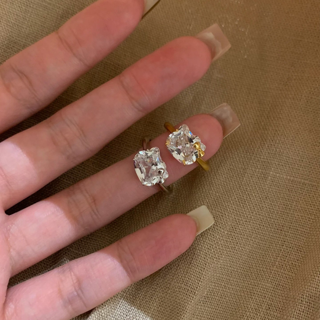 Kitty Hình Mèo Tinh Tế Nhẫn Zircon Vòng Cổ Nữ Nhấp Nháy Niche Mở Có Thể Điều Chỉnh Chỉ Số Nhẫn