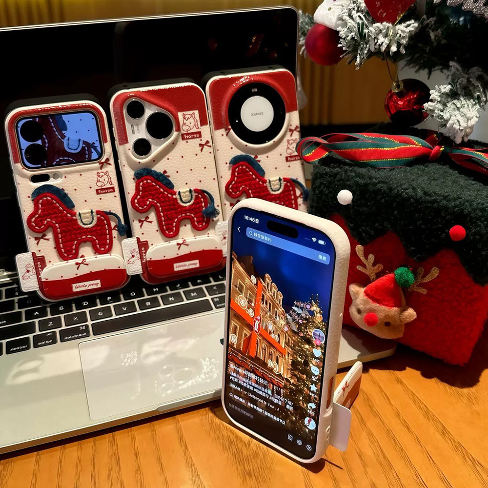 3D Thêu Ngựa Đậu + Gương Giá Đỡ Da Gấp Ốp Lưng Điện Thoại iPhone 17 Pro Max 17 Air 16 Plus 15 14 13 12 11 Vỏ Bảo Vệ Chống Sốc