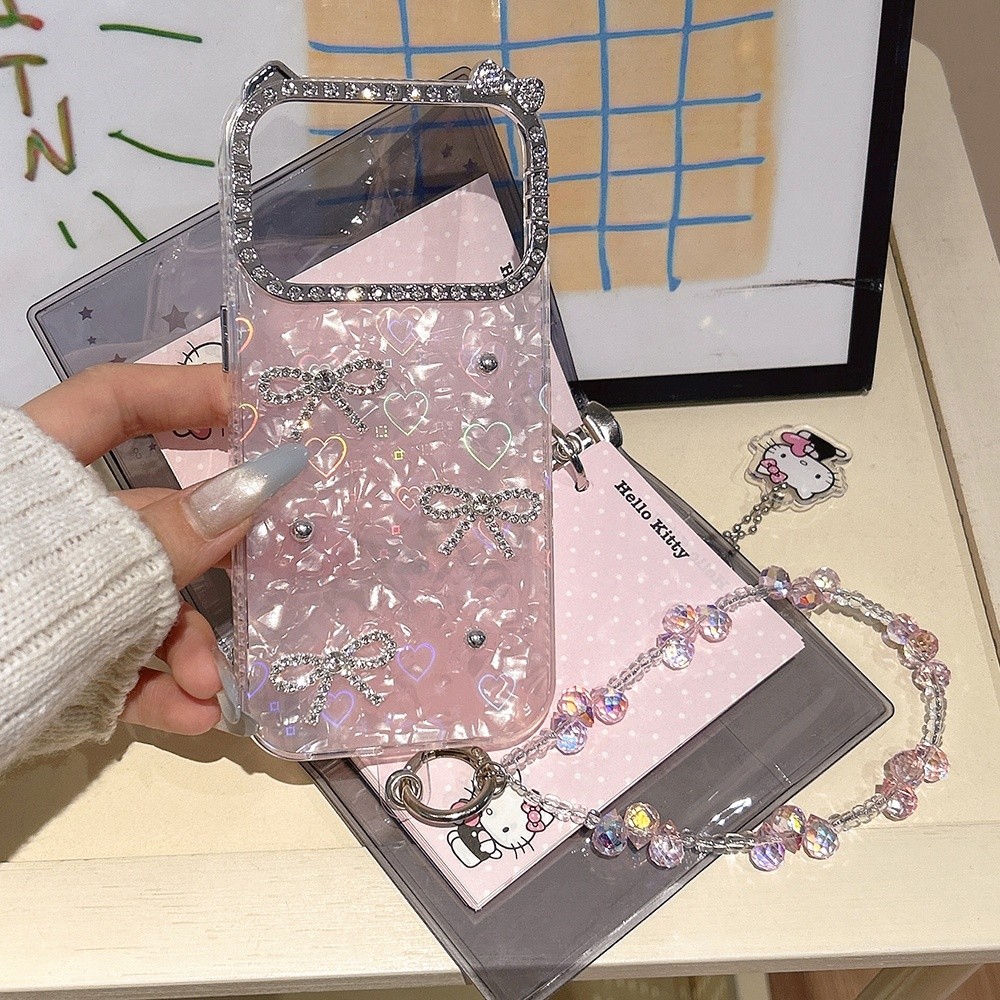 3D Hạt Nơ Vỏ Laser + Dây Xích Kim Cương Tai Mèo Vỏ Điện Thoại Acrylic Cho iPhone 17 Pro Max 17 Air 16 Plus 15 14 13 12 11 Vỏ Bảo Vệ Chống Sốc