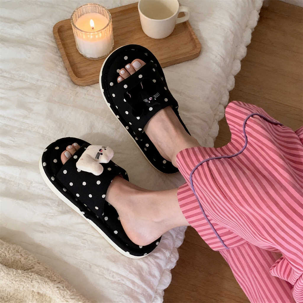 XIXITIAO Dép Nữ Cotton Đen Trắng Mèo Con Bốn Mùa Đa Năng Thoải Mái Nhà