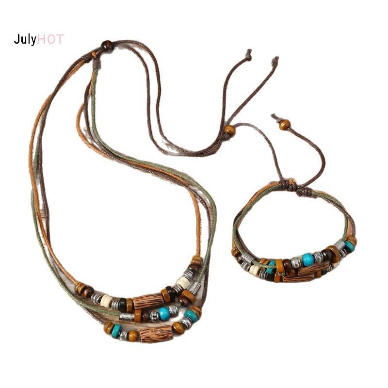 JULY HOT - Bộ 2 Chiếc: Dây Chuyền Nhiều Lớp Hạt Gỗ và Bracelet Da Đính Hạt Phong Cách Vintage