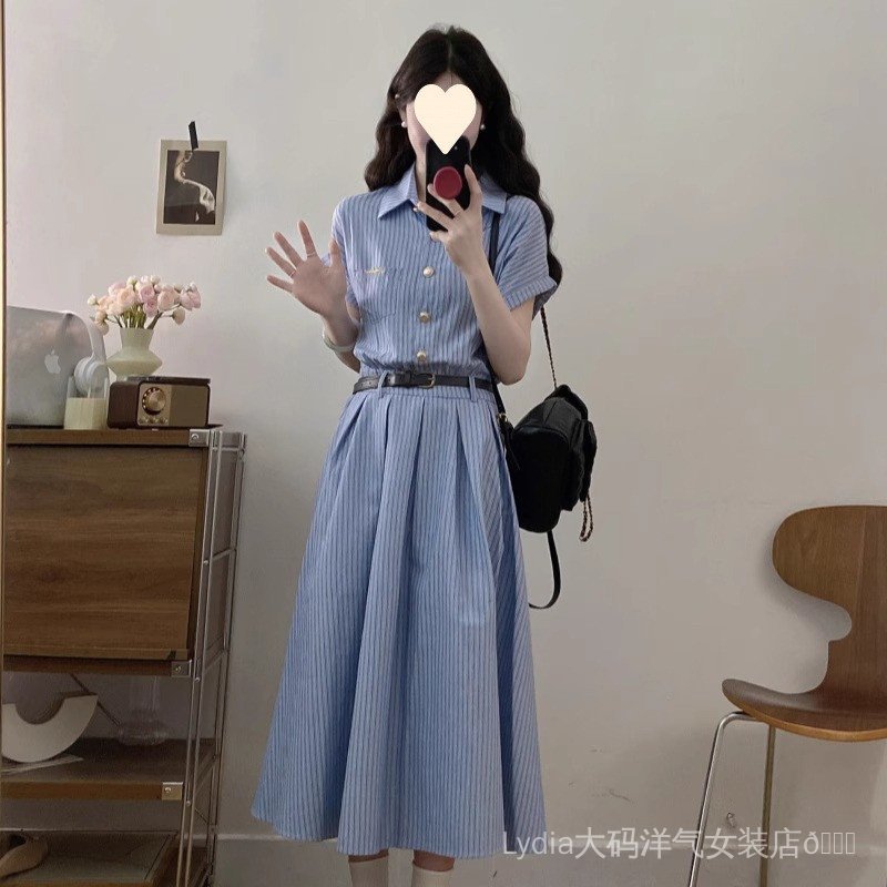 Váy sơ mi sọc xanh polo dáng dài cỡ lớn - Chất liệu cao cấp, eo thon