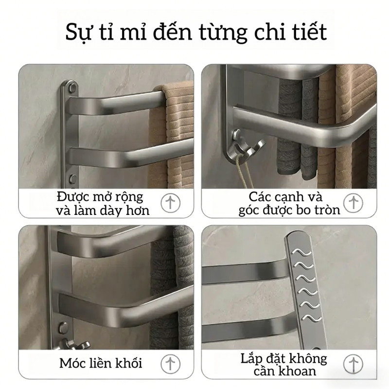 Thanh Treo Khăn Nhà Tắm Bằng Nhôm Hàng Không Cao Cấp – Màu Xám, Lắp Đặt Không Cần Khoan, Chắc Chắn & Tiện Lợi