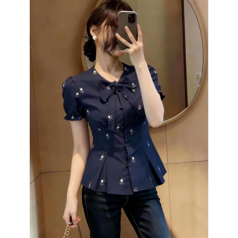 Áo sơ mi ngắn tay in hình dáng rộng, style retro Pháp cho mùa hè