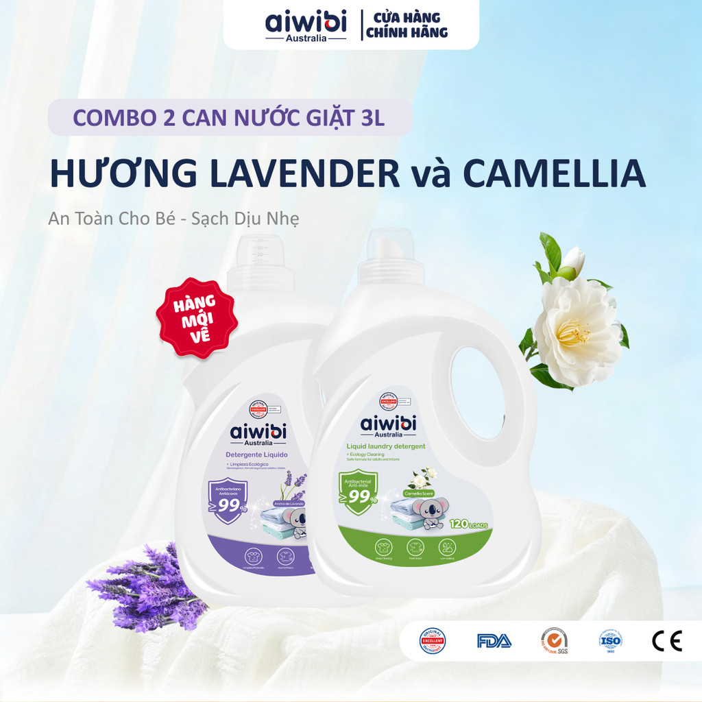 [Combo 2] Nước Giặt Aiwibi Cho Bé Bảo Vệ Quần Áo Mềm Mại, Dịu Nhẹ - Hương Camellia & Lavender (3L)