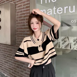 Retro polo Cổ Áo Thun Sọc Nữ Mùa Hè 2024 Phong Cách Mới Ngắn Thiết Kế Cảm Giác Sang Trọng Tay Ngắn Đan Top ins