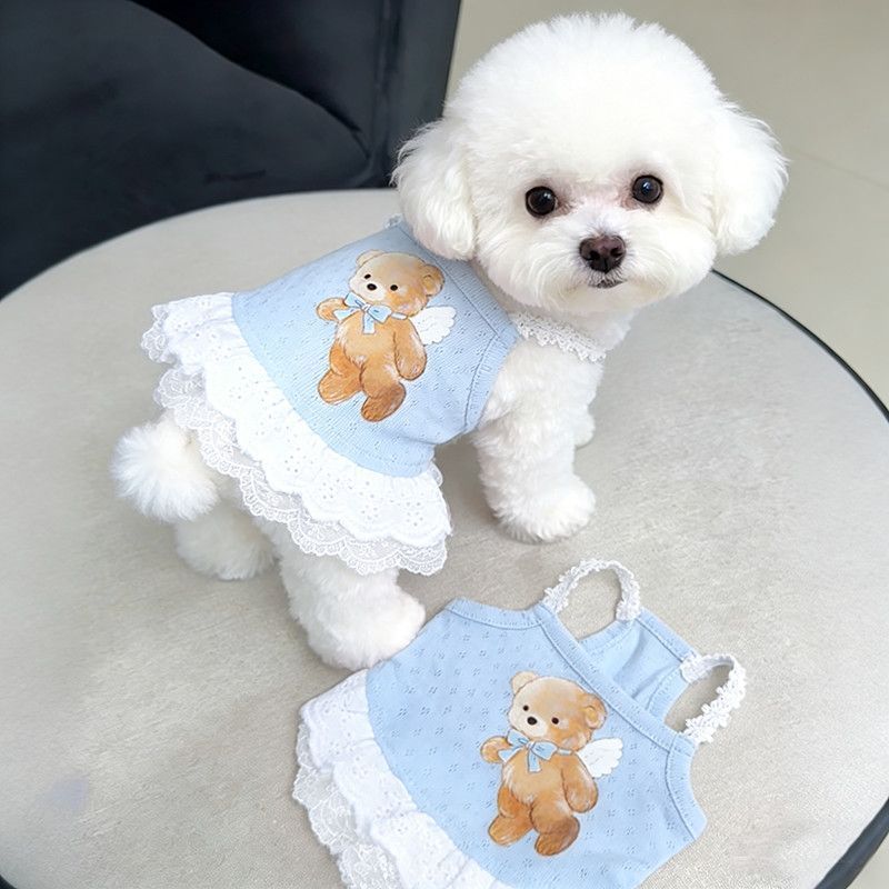 Quần Áo Cho Chó Mùa Xuân Mùa Hè Áo Vest Mỏng In Hình Gấu Váy Ren Quần Áo Thú Cưng