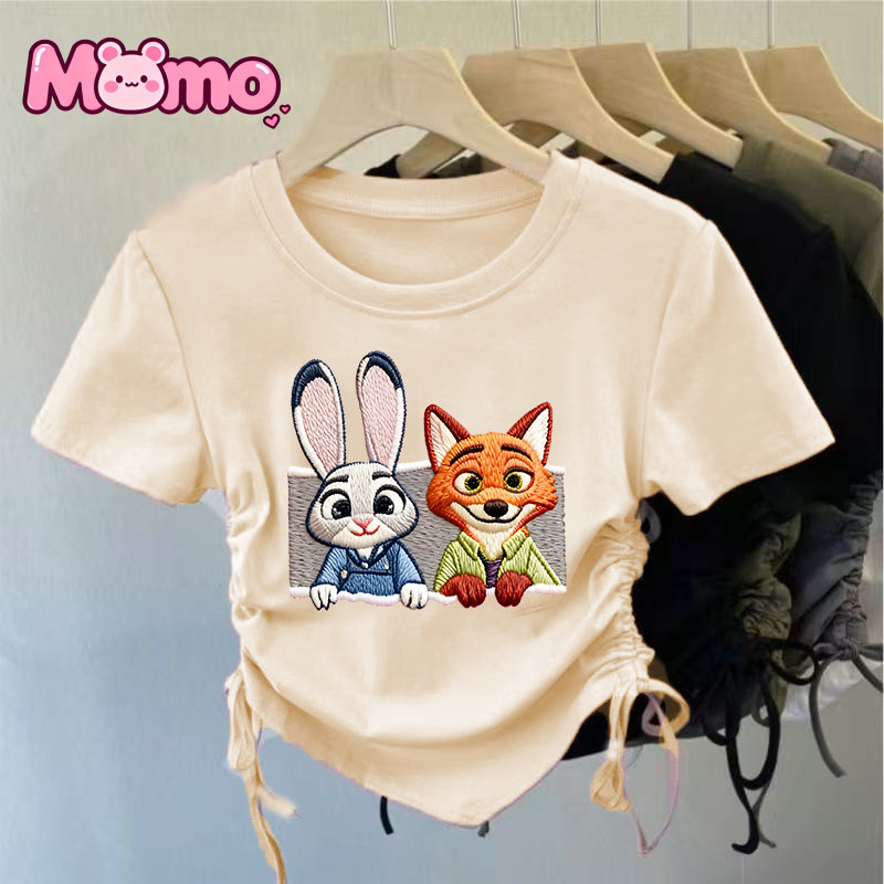 Zootopia hoạt hình giả thêu in họa tiết dây rút thiết kế giản dị cổ tròn ngắn tay