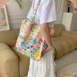 Túi đeo vai hoa cổ điển CHEESELY, vải cotton, dung tích lớn, túi xách/tote/mua sắm dành cho nữ