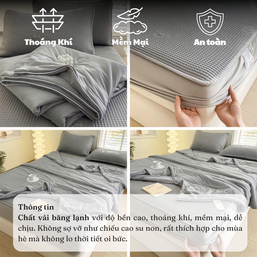 (CDH358) Set 4 món chếu điều hòa băng lạnh bọc chun kèm chăn thun mềm nhẹ MemMinBedding Luxury, chất liệu mát lạnh