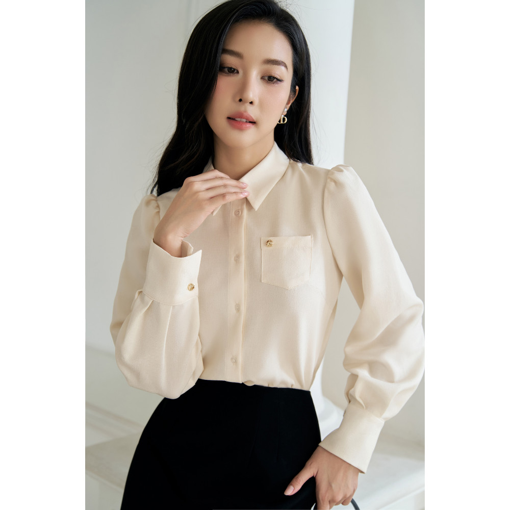 Áo sơ mi nữ ELLA DORA thiết tay bồng form suông túi phối cúc đồng thanh lịch MÀU KEM [SM174]