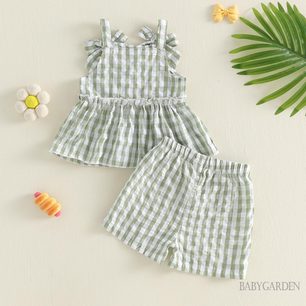 6M-4Y Bé Gái Mùa Hè Bộ Hoa / Bơ Thêu Kẻ Sọc Nơ Áo Bể Không Tay Áo Co Giãn Eo Quần Short
