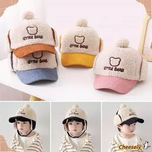 Mũ len sang trọng cho trẻ mới biết đi, Mũ bóng chày bé hình gấu dễ thương Hàn Quốc, Lambswool mùa đông mềm mại Phim hoạt hình lông cừu cực có đệm tai cho bé trai bé gái