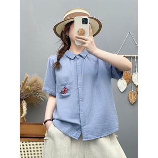 Áo sơ mi nữ cotton cao cấp, họa tiết hoạt hình mùa hè, túi thêu pony rời