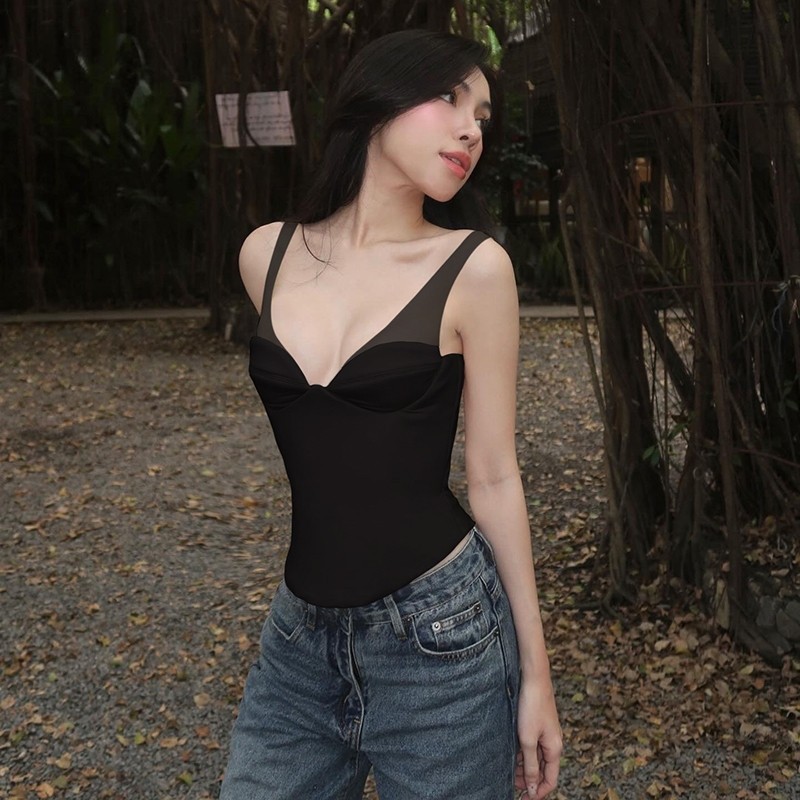 CuteNew Áo Vest Nữ Lưới Cổ Thấp Skinny, Phù Hợp Lễ Hội Âm Nhạc Mùa Hè, Thời Trang Cổ Điển Gợi Cảm