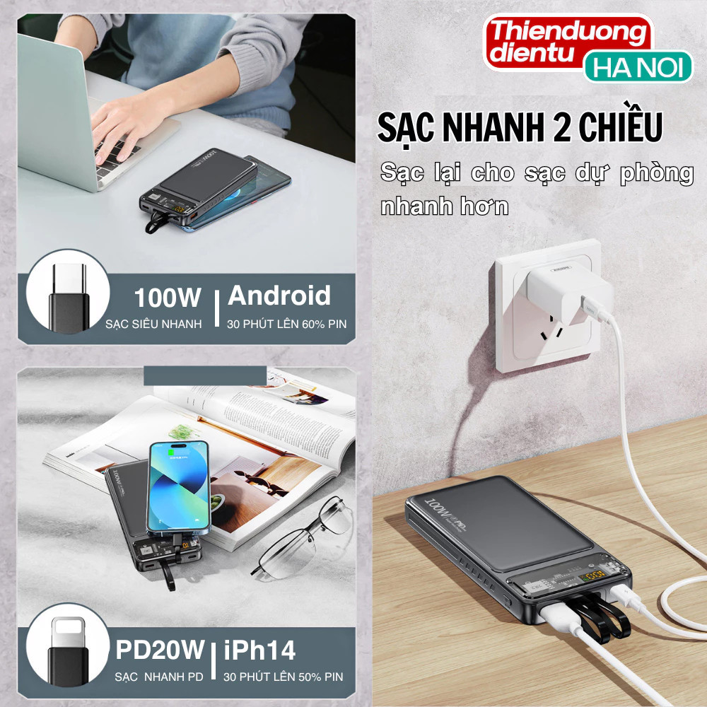 Sạc Dự Phòng 30000mAh Sạc Nhanh 22.5W Tích Hợp 2 Dây Sạc Cho Nhiều Thiết Bị Siêu Tiện Lợi