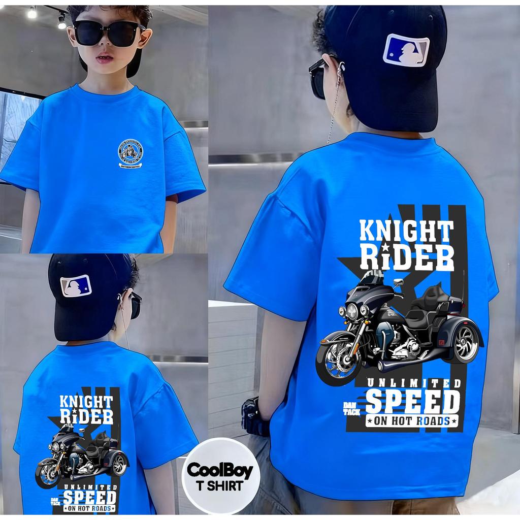 Bé trai 3-12 tuổi, áo thun ngắn tay, cổ tròn, thoải mái, mùa hè, 100% cotton, xe máy hoạt hình