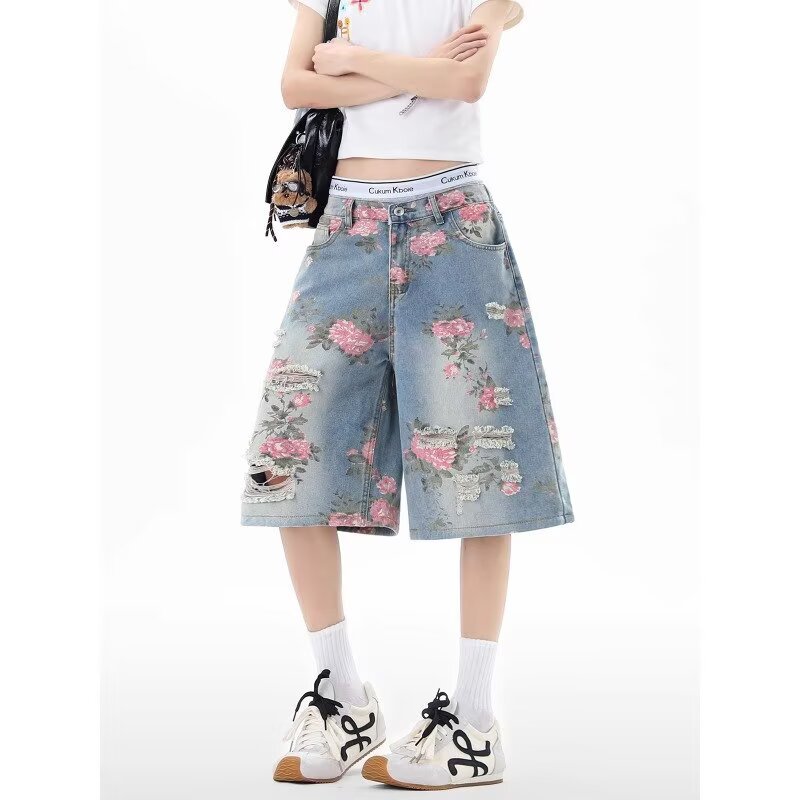 Quần short CN Denim Quần short thẳng lỗ rộng của Mỹ