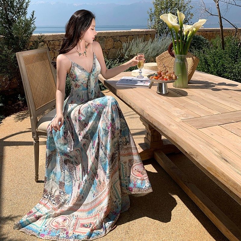 Đầm boho cổ chữ V sling, váy dài sang trọng cho ngày lễ mùa hè