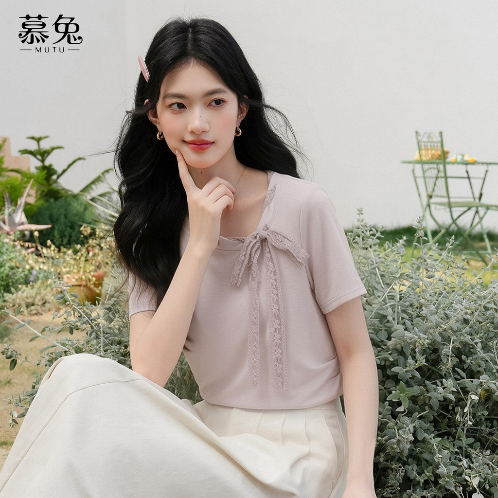 Mutu Áo Thun Nữ Ren Nơ Cổ, Màu Tím, Phong Cách Mới Nhẹ Nhàng
